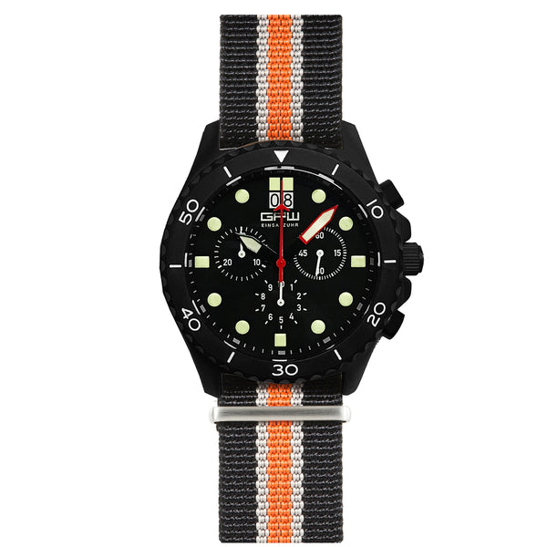 German Military Black Titanium Chronograph. GPW Mission Chrono. Big Date. 10 BAR W/R. Sapphire Crystal. Black, White & Orange Nylon Strap.