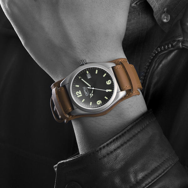 German Military Titanium Watch. GPW Fieldwatch Automatic. 200M W/R. Sapphire Crystal. Brown BUND Leatherstrap.