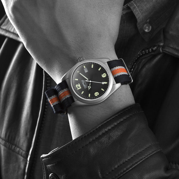 German Military Titanium Watch. GPW Fieldwatch Automatic. 200M W/R. Sapphire Crystal. Black White & Orange Nylon Strap.