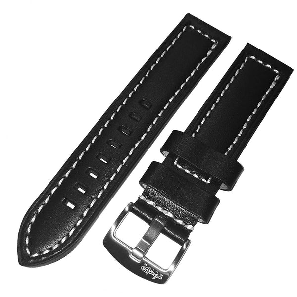 22mm Black Genuine Italian Calfskin Leather Watch Strap with White Stitching by Arctos-Elite Germany. Surgical Steel Buckle.